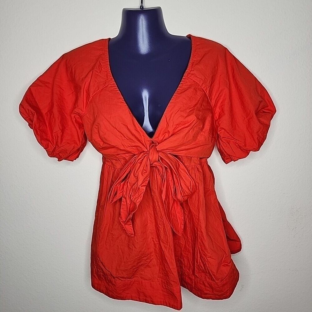 FREE PEOPLE Women's Blouse Red orange Puffed Balloon‎ Sleeve open back Holiday